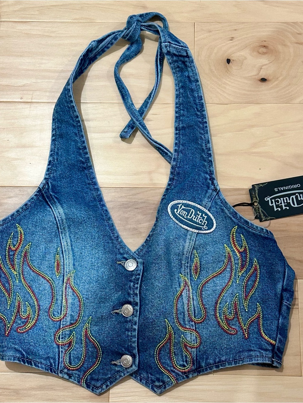 NEW Von Dutch denim halter vest top w embroidered flame detailing